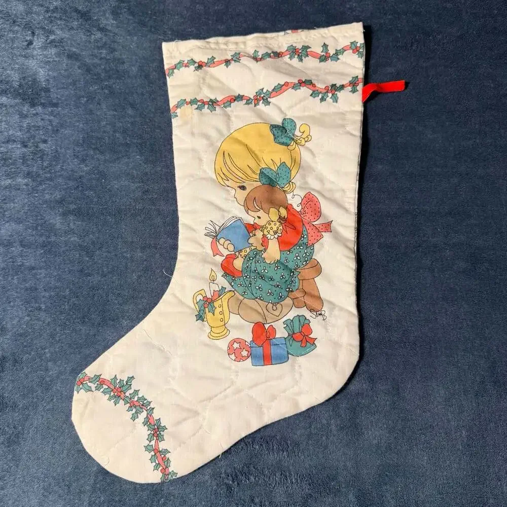 Vintage Precious Moments Quilted Christmas Stocking with Girl and Holiday Print